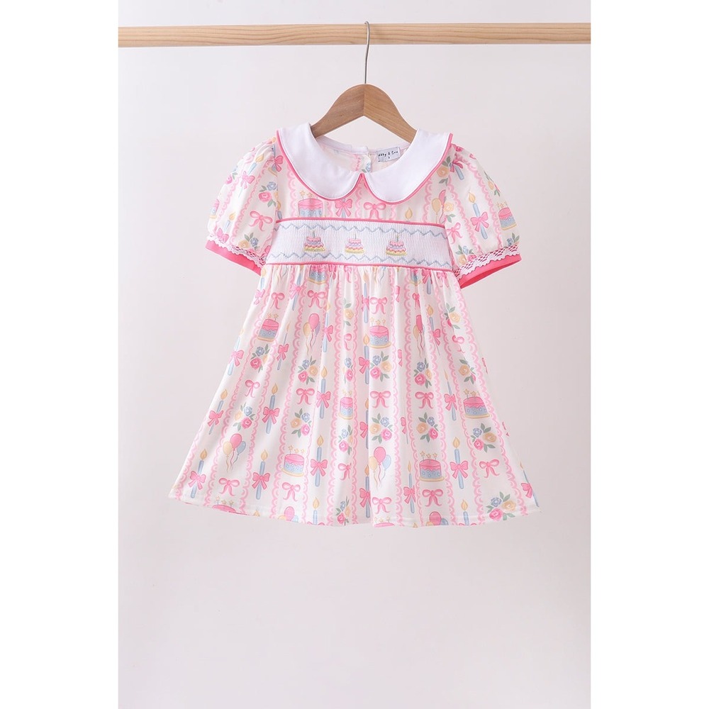 Abby & Evie Girls 6 Birthday Cake Smocked Dress Pink Pastel Peter Pan Collar NWT